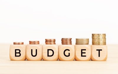 Budget word on wooden blocks and coins on table